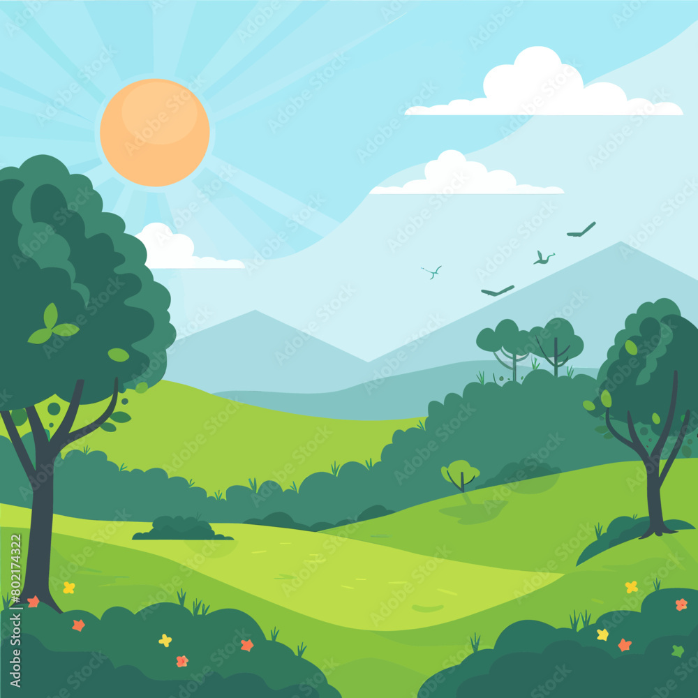 Fototapeta premium A beautiful landscape with a bright sun shining on a green field