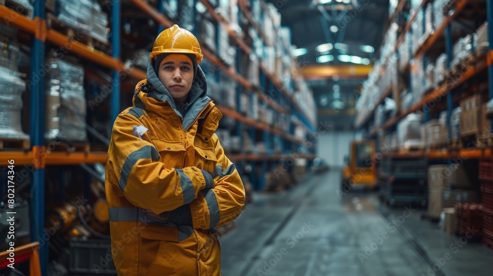 A male worker stands in a workshop against an industrial background.