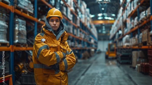 A male worker stands in a workshop against an industrial background.
