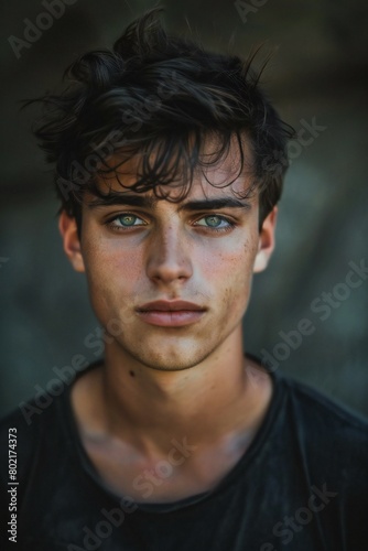 Portrait of a handsome young man with dark hair and blue eyes © Nguyen