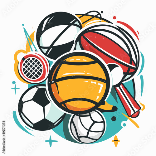 A colorful collage of sports balls and a tennis racket