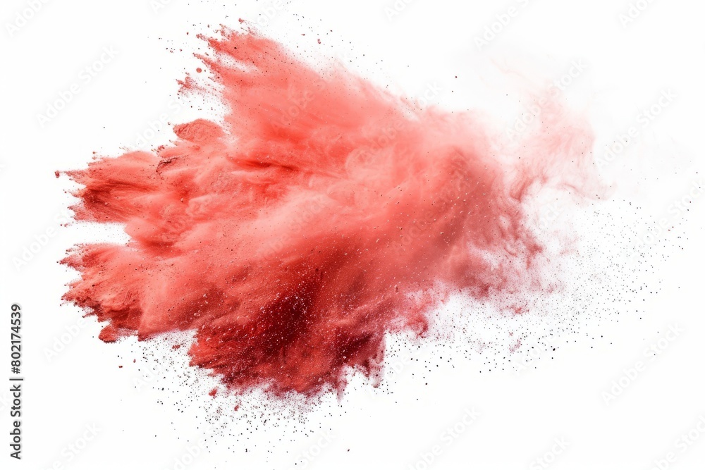 Dynamic explosion of red chalk dust, vividly isolated on white