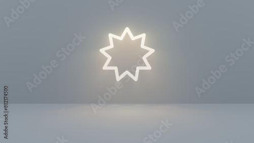 Nine-pointed star a symbol of the Baha'i Faith on the wall with warm yellow rays of light - 3D illustration photo