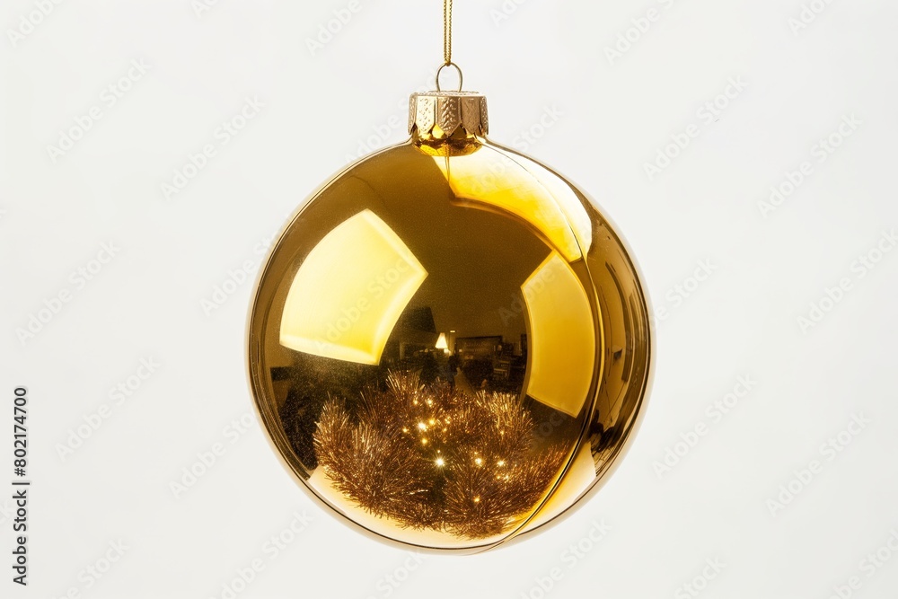 Close-up of a shiny golden Christmas bauble hanging against a white background with a reflection of the surrounding environment