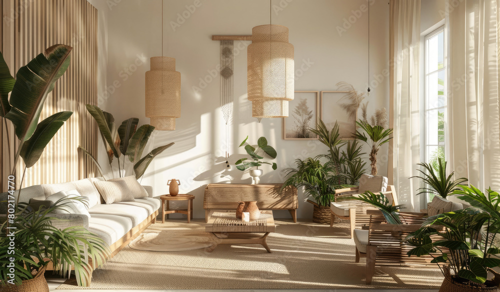 A bright and airy living room with white walls, wooden furniture, green accents, plants, posters on the wall, lamps, a hanging chair, neutral color palette, natural light, cozy feel, and space for rel