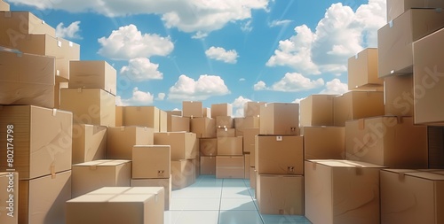 Cardboard boxes stacked in a storage unit  blue sky with clouds in the background.