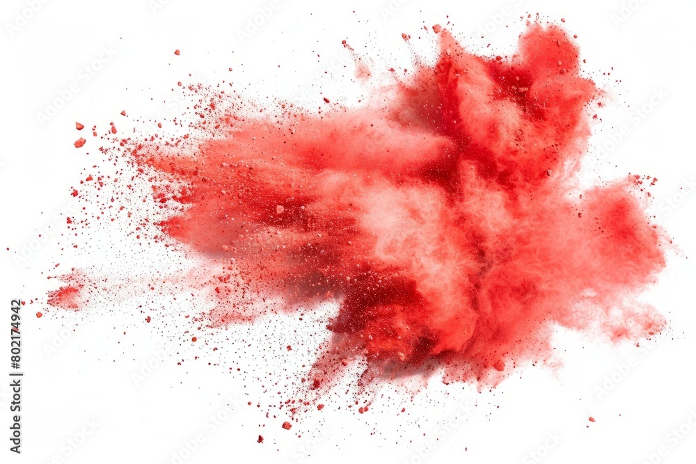 Dynamic explosion of red chalk dust, vividly isolated on white