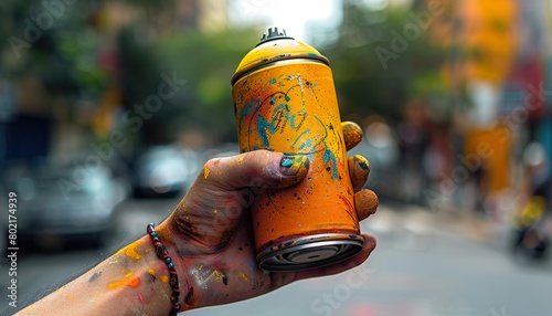 street art artist holding spray paint can in the hand 