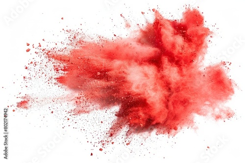 Dynamic explosion of red chalk dust, vividly isolated on white photo