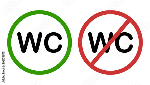 Icon depicting black toilet icons for men and women on a white background. In green and red circle
