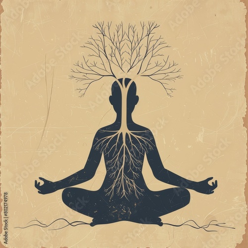 A person sitting in a relaxed pose, with a serene expression. Their legs are crossed and their hands rest gently on their lap, branch out from their head and body, representing the nervous system  photo
