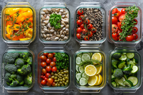 A row of glass containers filled with a variety of vegetables and fruits