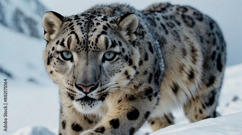 Majestic Snow Leopard in the snowy mountains, background image, stock photo Majestic Snow Leopard in the snowy mountains, background image, stock photo