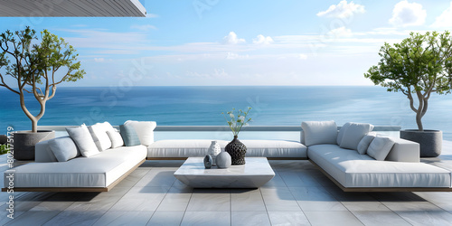 Living Room White Sea View. 3d rendering Modern Interior Living room modern retro sea view. © Fatima