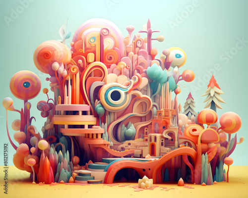3d cartoonish stylized mythical dreamland in pastel color. fantasy world for kids
