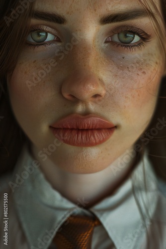 Close-up portrait of a beautiful girl with freckles on her face