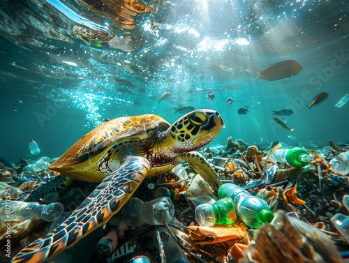 underwater photography  tropical sea. Below under water there is garbage  plastic bottles and a turtle.
