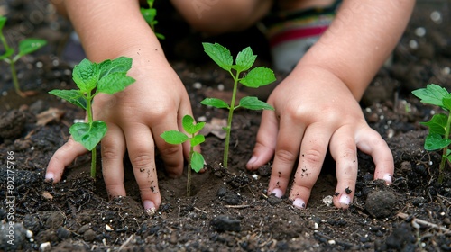 Seedlings of Tomorrow. A child's hands tenderly plant a young sapling into the earth. a symbol of hope and environmental stewardship on National Tree Planting Day.