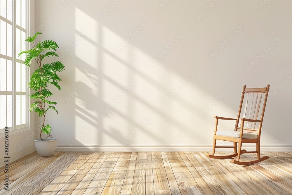 Fototapeta premium A wooden rocking chair sits in a bright room with a potted plant in the corner.