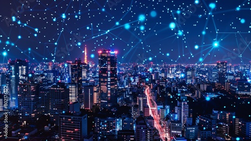 Smart city skyline at night. its wireless networks and data centers creating a web of digital communication. emphasizing innovation.