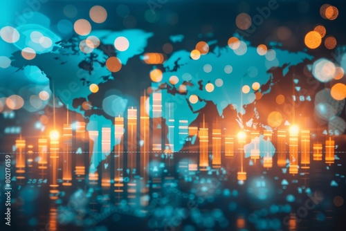 Abstract glowing plexus world map with bokeh lights and financial chart.