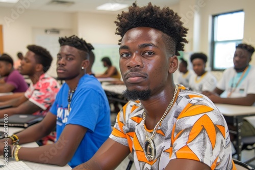 A young man with a serious expression on his face is sitting in a classroom. He is wearing a colorful shirt and has a chain around his neck.