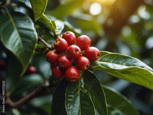 close up fresh premium coffe fruit on tree photo