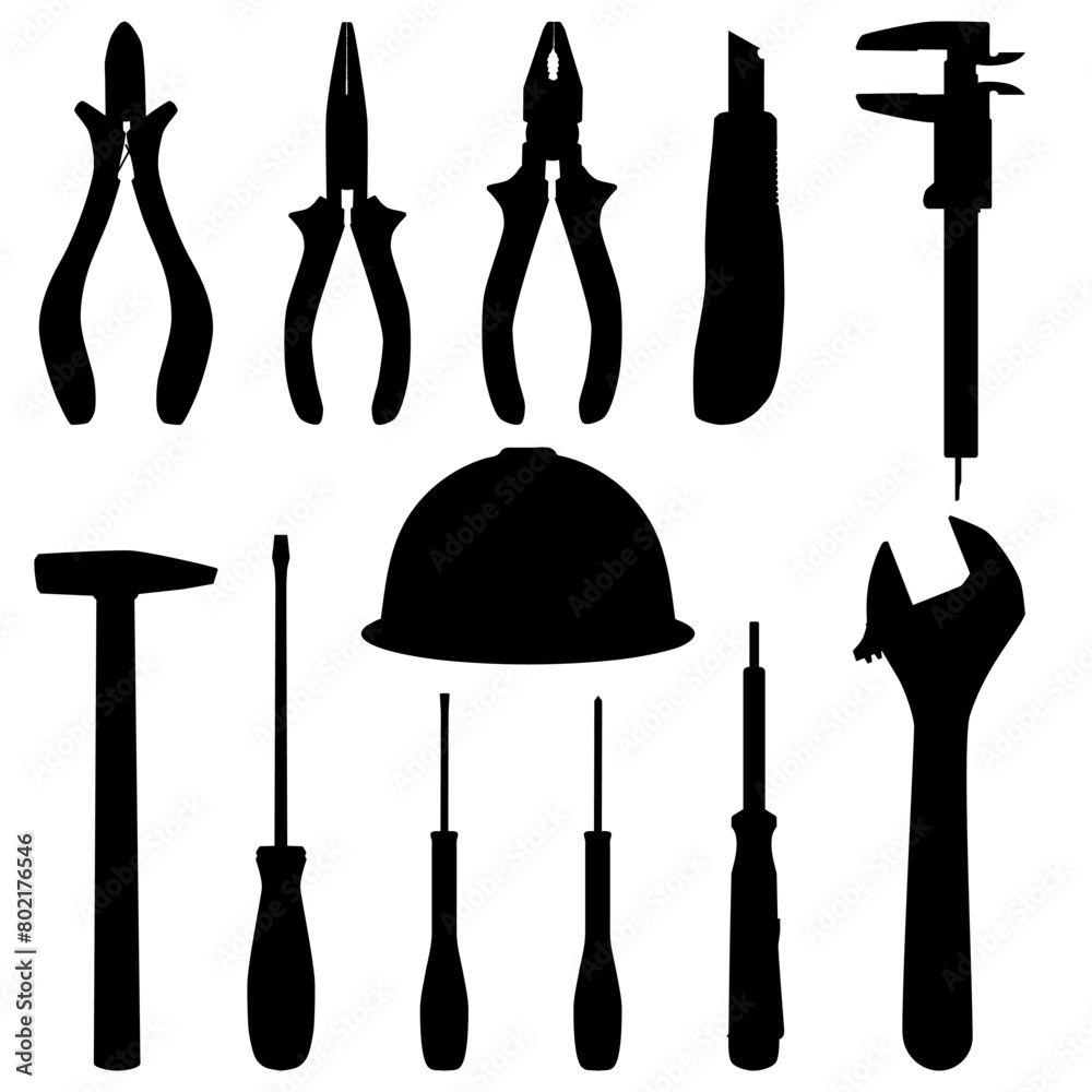 Fototapeta premium Electrician, construction worker, repairman hand work tools silhouettes