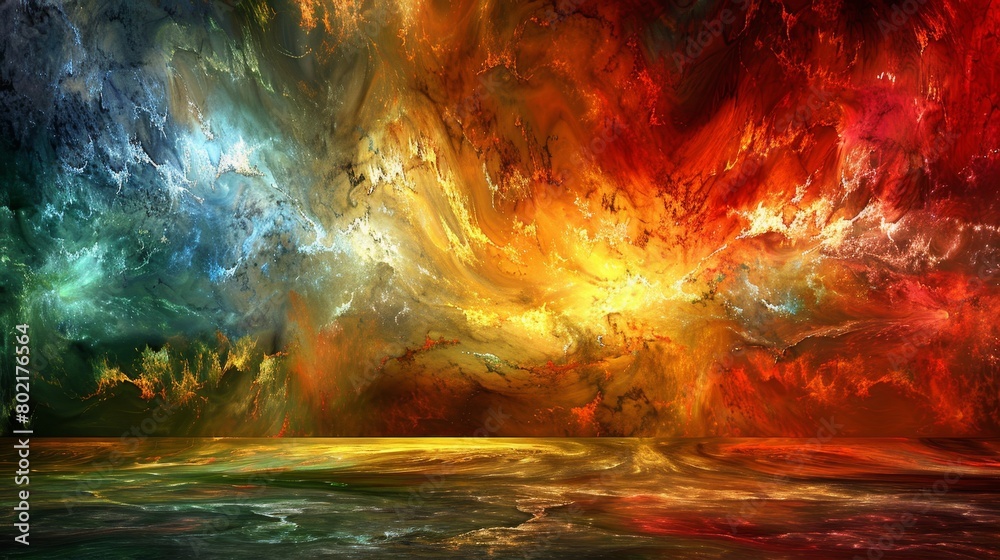 Colorful abstract painting with a stormy sky and a fiery ground.