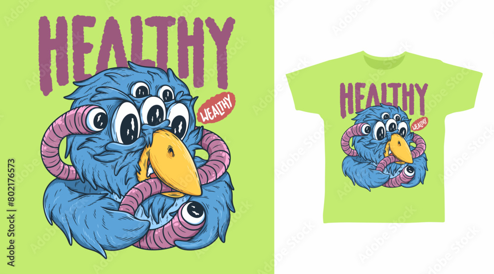 Bird Monster with Worm Illustration Pop Art Tshirt Designs. Bird Monster with Worm Illustration Pop Art Tshirt Designs.