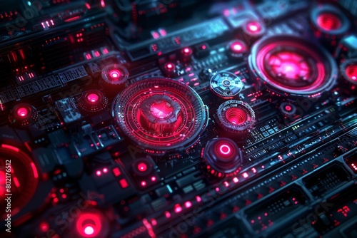 Circuit board with red glowing lights