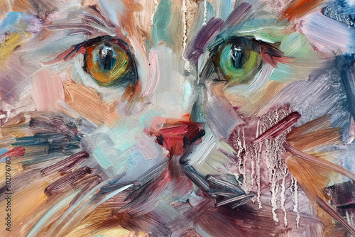Dipinto astratto e con pennellata dense e corpose e colature e schizzi di occhi di gatto in primo piano