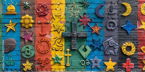  A vibrant mural depicting the peaceful coexistence of multiple religions  with symbols like the cross  crescent  Om  and Star of David intertwined in harmony.