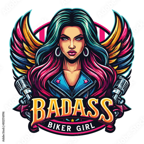Badass colorful biker girl logo vector illustration