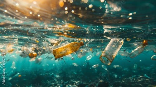 Trash underwater in the ocean. Problem of pollution and ecology of the sea. Plastic bottles sinking in to the ocean. World ocean day. photo