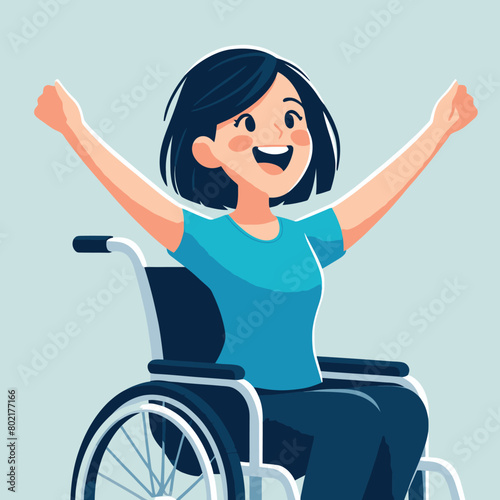 illustration of woman with a disability, seated in a wheelchair, joyously raising hands