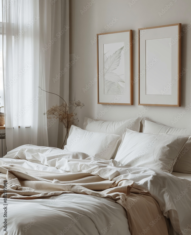Bedroom with a focus on comfort and style. Elegant bedding, textured throws, and tasteful wall art, creating a perfect blend of modern aesthetics and homely warmth. Home decor and lifestyle Bedroom with a focus on comfort and style. Elegant bedding, textured throws, and tasteful wall art, creating a perfect blend of modern aesthetics and homely warmth. Home decor and lifestyle