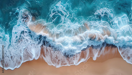 Beautiful aerial view of the ocean waves hitting against sand, creating a mesmerizing display of colors and textures. Created with Ai