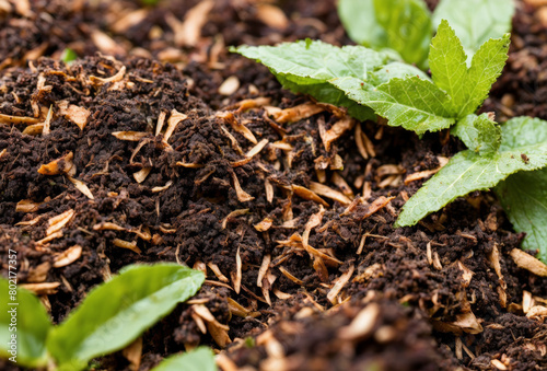 Close-up of a home compost pile with visible layers of kitchen scraps and leaves. AI generated.