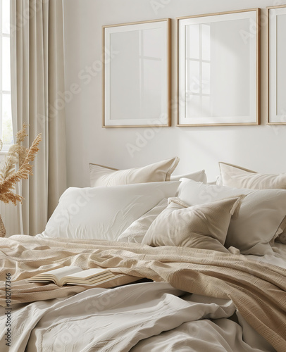 Elegant Bedroom Interior with Sunlit White Bedding. Luxurious bedroom setup with crumpled white bedding  open book  and warm knitted blanket.