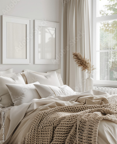 Bright bedroom with white and beige bedding, chunky knit blanket, and elegant framed artwork, bathed in natural light. photo