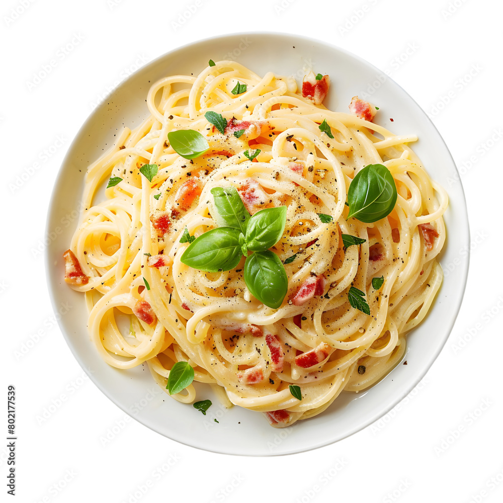 Spaghetti Carbonara Food Dish top view isolated on a transparent background Spaghetti Carbonara Food Dish top view isolated on a transparent background