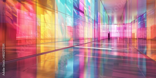 Colorful glass panels arranged in an empty room, creating a colorful and abstract background with geometric shapes and reflections.