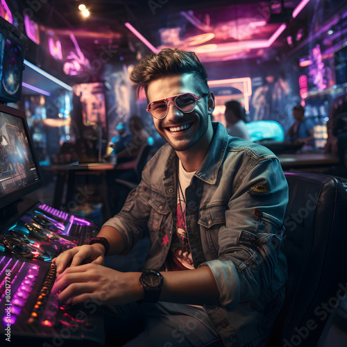 A gammer smiling finishing mission in game at gaming room photo