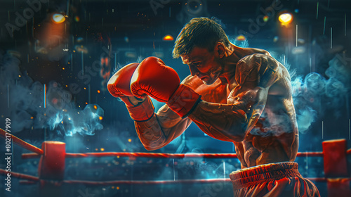 Boxer landing a punch in the ring, intense fight scene, dramatic lighting, 3D vector, photo