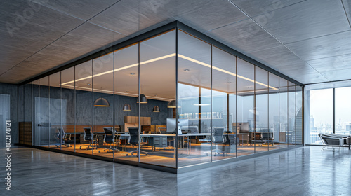 The modern business office workplace features glassed partitioned areas, creating a contemporary and transparent work environment that encourages collaboration and productivity. photo