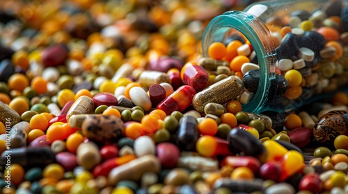 Vitamin supplement capsule filled with colorful grains. illustrating the importance of balanced nutrition and dietary health. photo