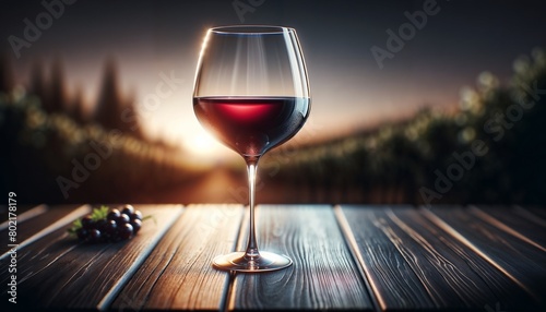 Elegant Glass of Red Wine on a Wooden Table at Vineyard During Sunset