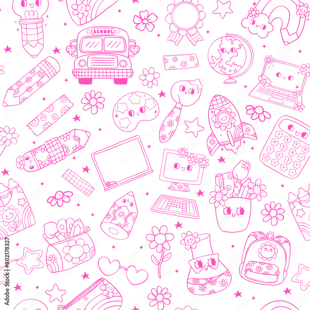 outline Back to school seamless pattern retro groovy trendy doodle drawing repeating isolated on background.