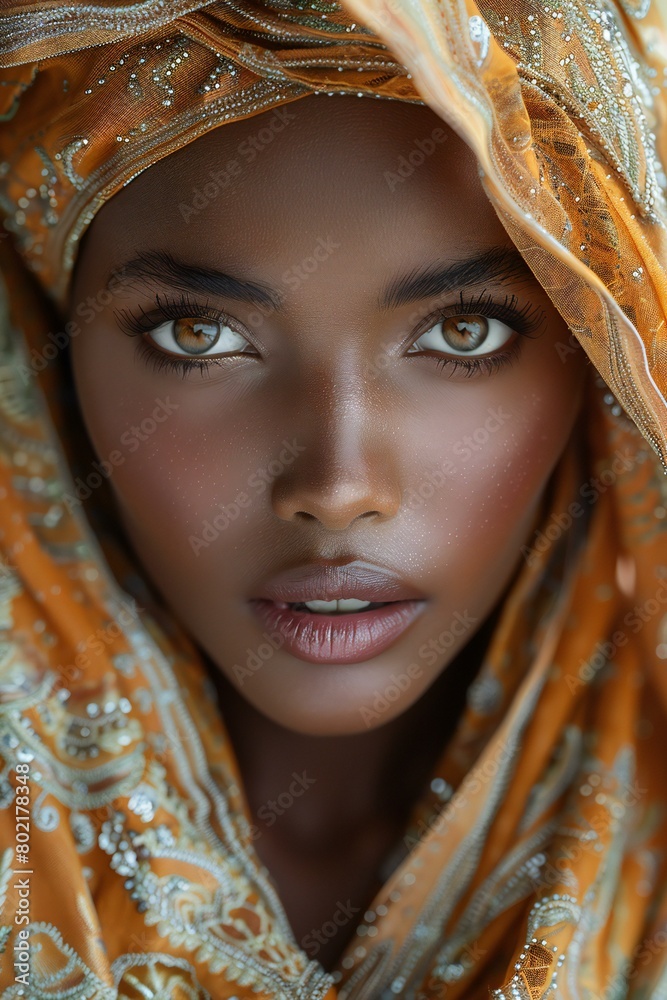 Close up portrait of beautiful african muslim woman wearing headscarf